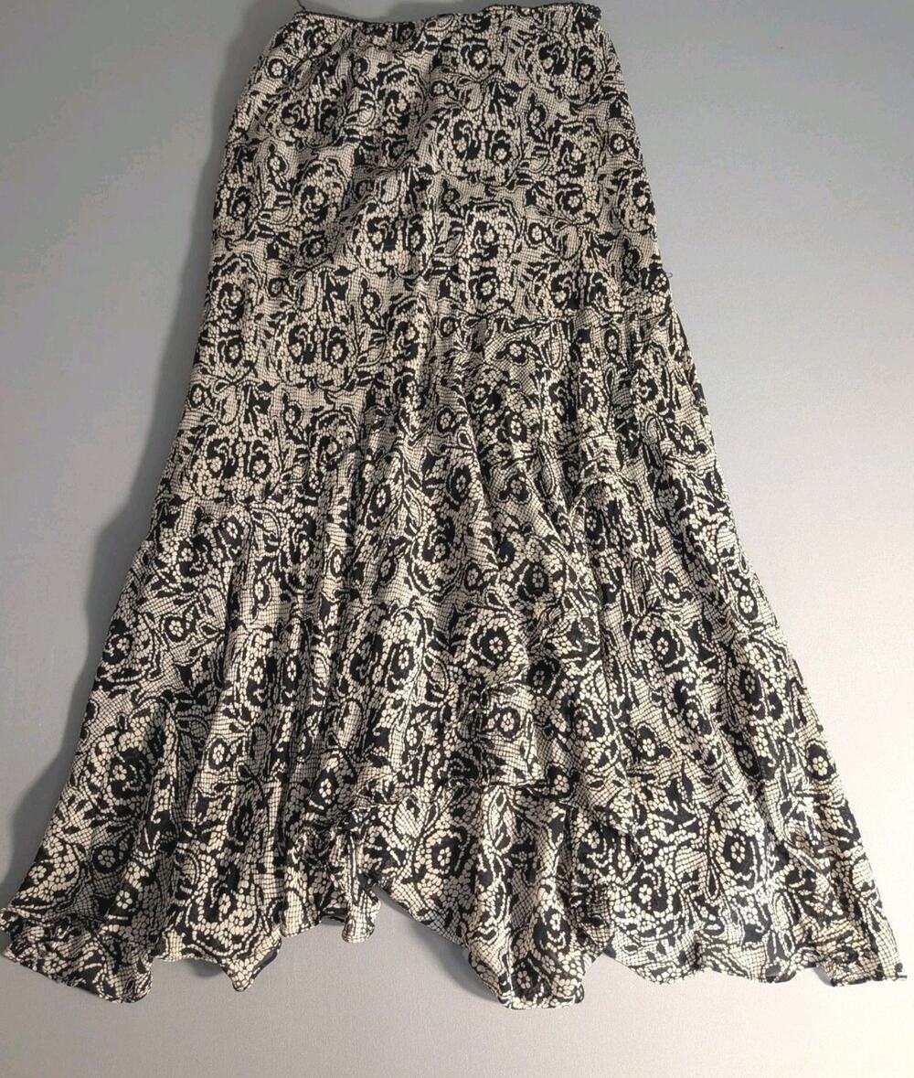 Black Ivory Floral Tiered Midi Skirt M Boho Pull On Flowy Romantic Beaded Boho